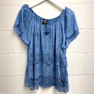 100% silk blue woman’s LE MARAIS Paris made in Italy top blouse lined size L A+